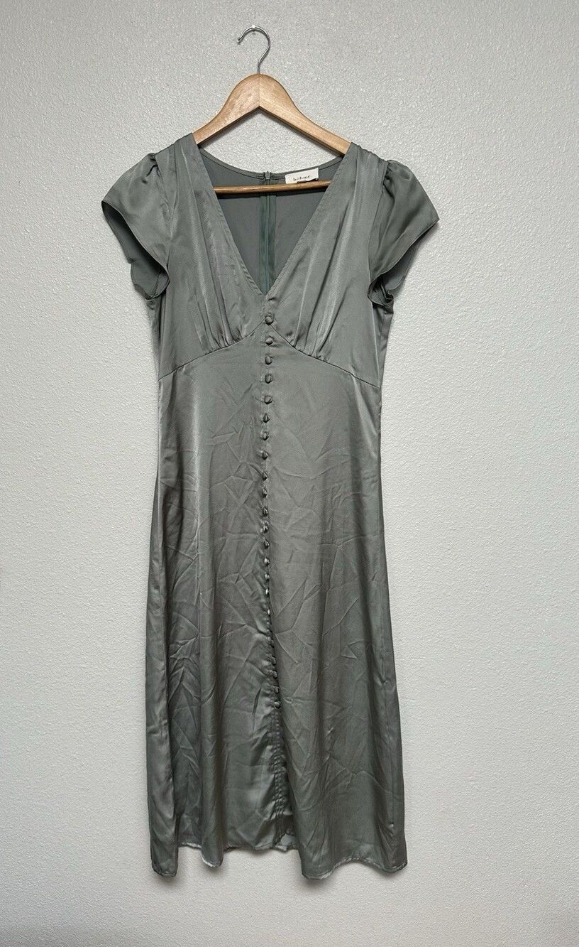 Bohme Women Dusty Sage Button Front ethereal Short Sleeve Midi Slip Dress Small